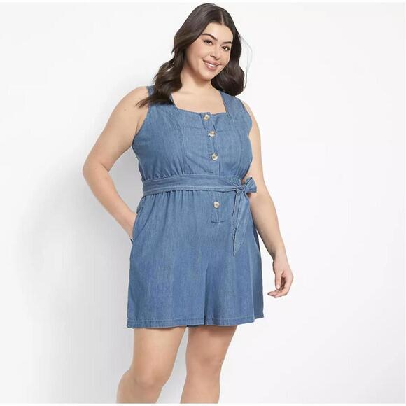 Lane Bryant Sleeveless Square-Neck Button-Down Chambray Romper Size: 22 - Picture 1 of 9